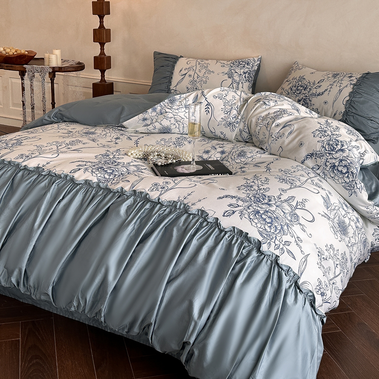 91家纺网 家纺一手货源 找家纺 置顶家纺 2026新款数码印花褶皱拼接亲肤系列四件套-素澜 素澜-静兰