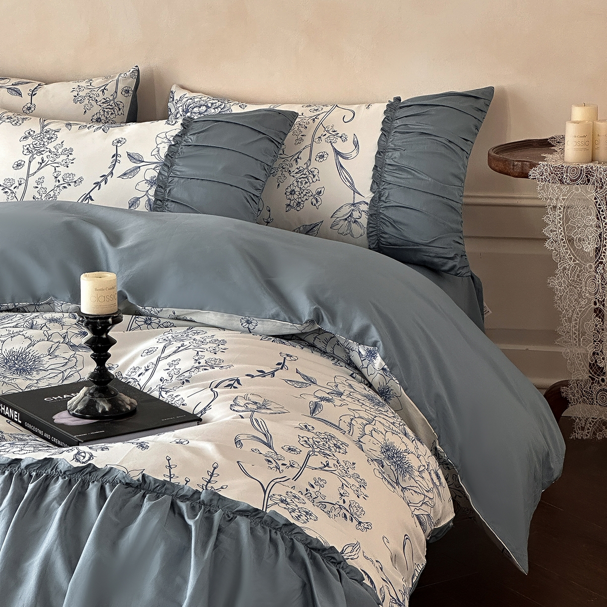 91家纺网 家纺一手货源 找家纺 置顶家纺 2026新款数码印花褶皱拼接亲肤系列四件套-素澜 素澜-静兰