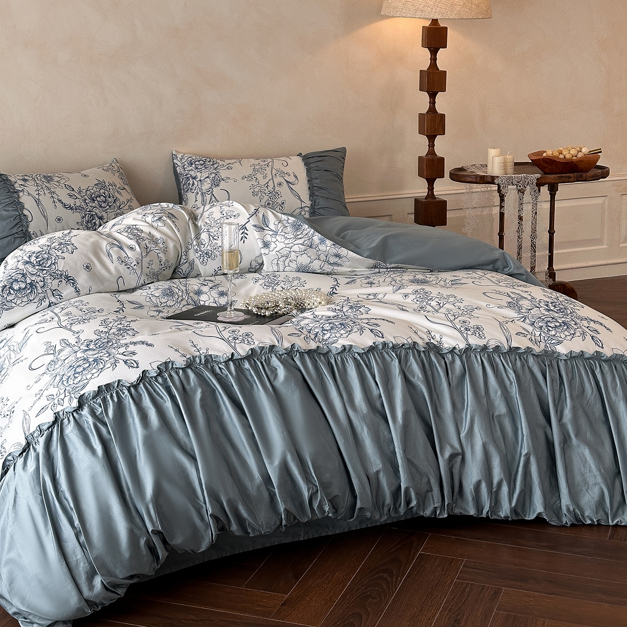 91家纺网 家纺一手货源 找家纺 置顶家纺 2026新款数码印花褶皱拼接亲肤系列四件套-素澜 素澜-静兰