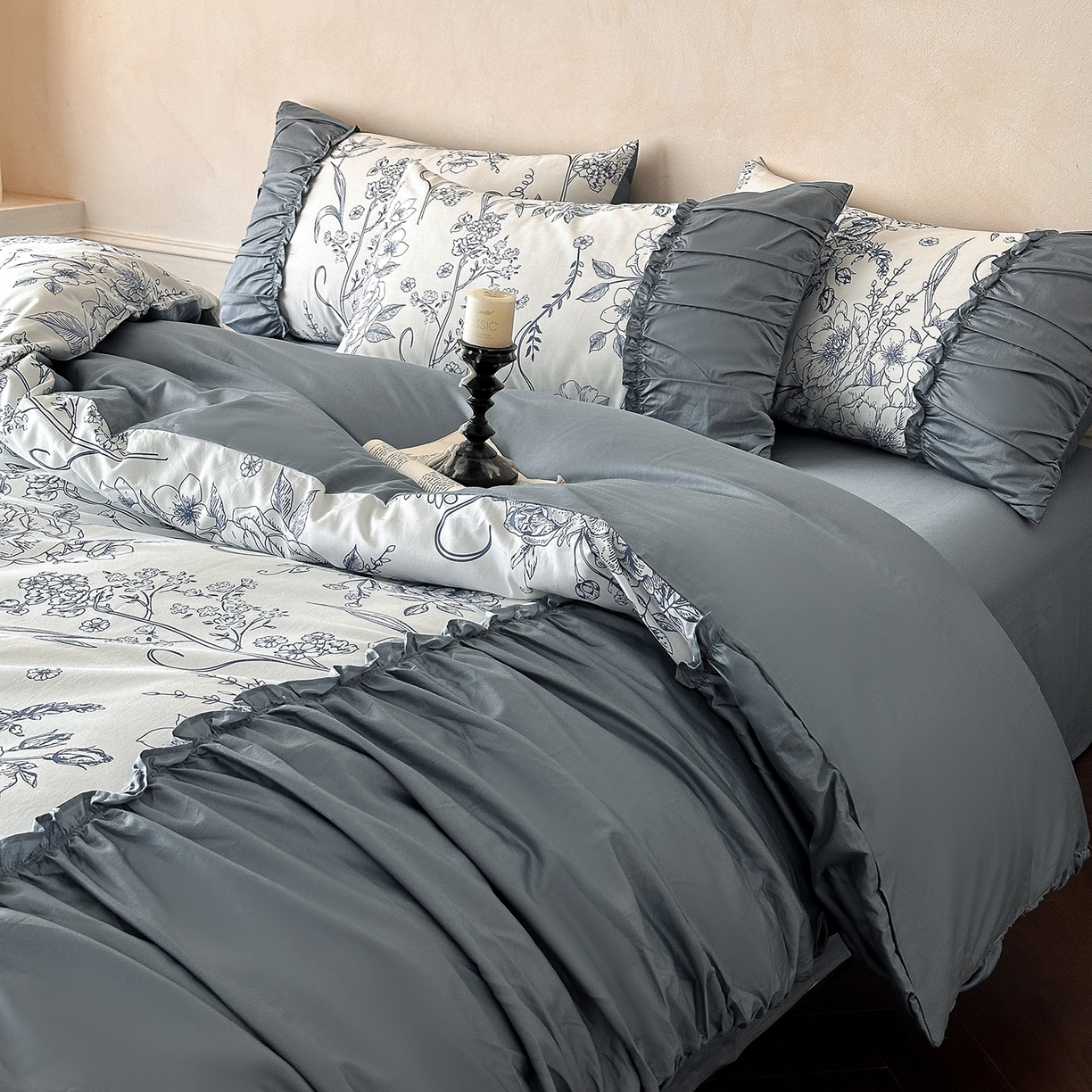 91家纺网 家纺一手货源 找家纺 置顶家纺 2026新款数码印花褶皱拼接亲肤系列四件套-素澜 素澜-静兰