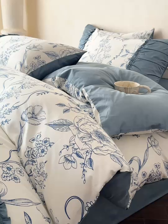 91家纺网 家纺一手货源 找家纺 置顶家纺 2026新款数码印花褶皱拼接亲肤系列四件套-素澜 素澜-静兰