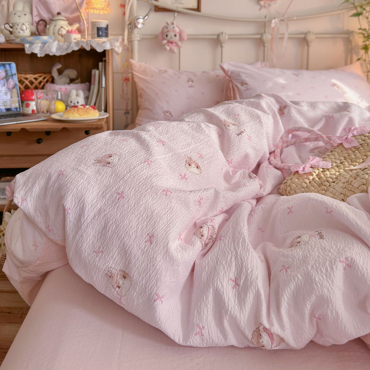 91家纺网 家纺一手货源 找家纺 优选 2026新款小清新直播热卖款云感双层纱木棉床盖四件套系列 萌萌免