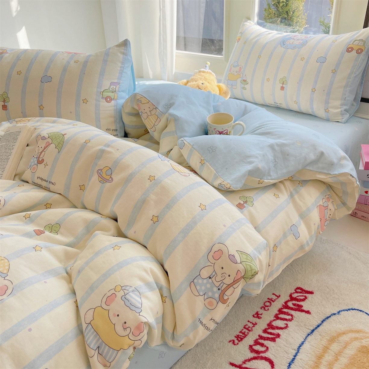 91家纺网 家纺一手货源 找家纺 盛秋家纺 2026新款水洗棉印花四件套-卡通系列 森林小象蓝+花朵蓝