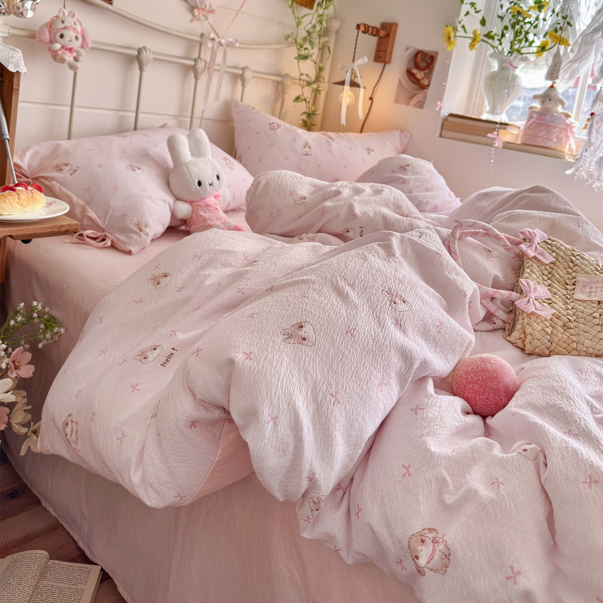 91家纺网 家纺一手货源 找家纺 优选 2026新款小清新直播热卖款云感双层纱木棉床盖四件套系列 萌萌免