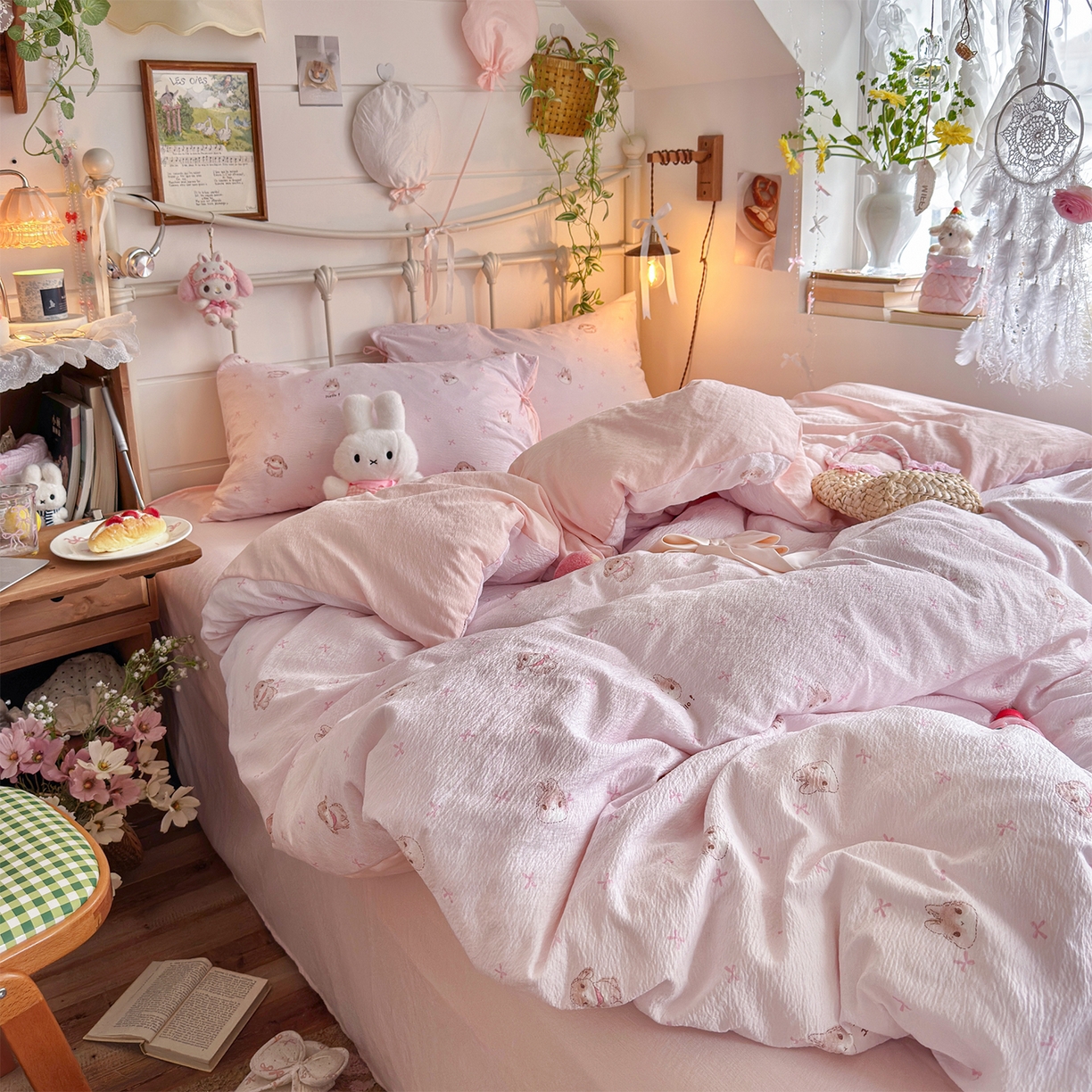 91家纺网 家纺一手货源 找家纺 优选 2026新款小清新直播热卖款云感双层纱木棉床盖四件套系列 萌萌免