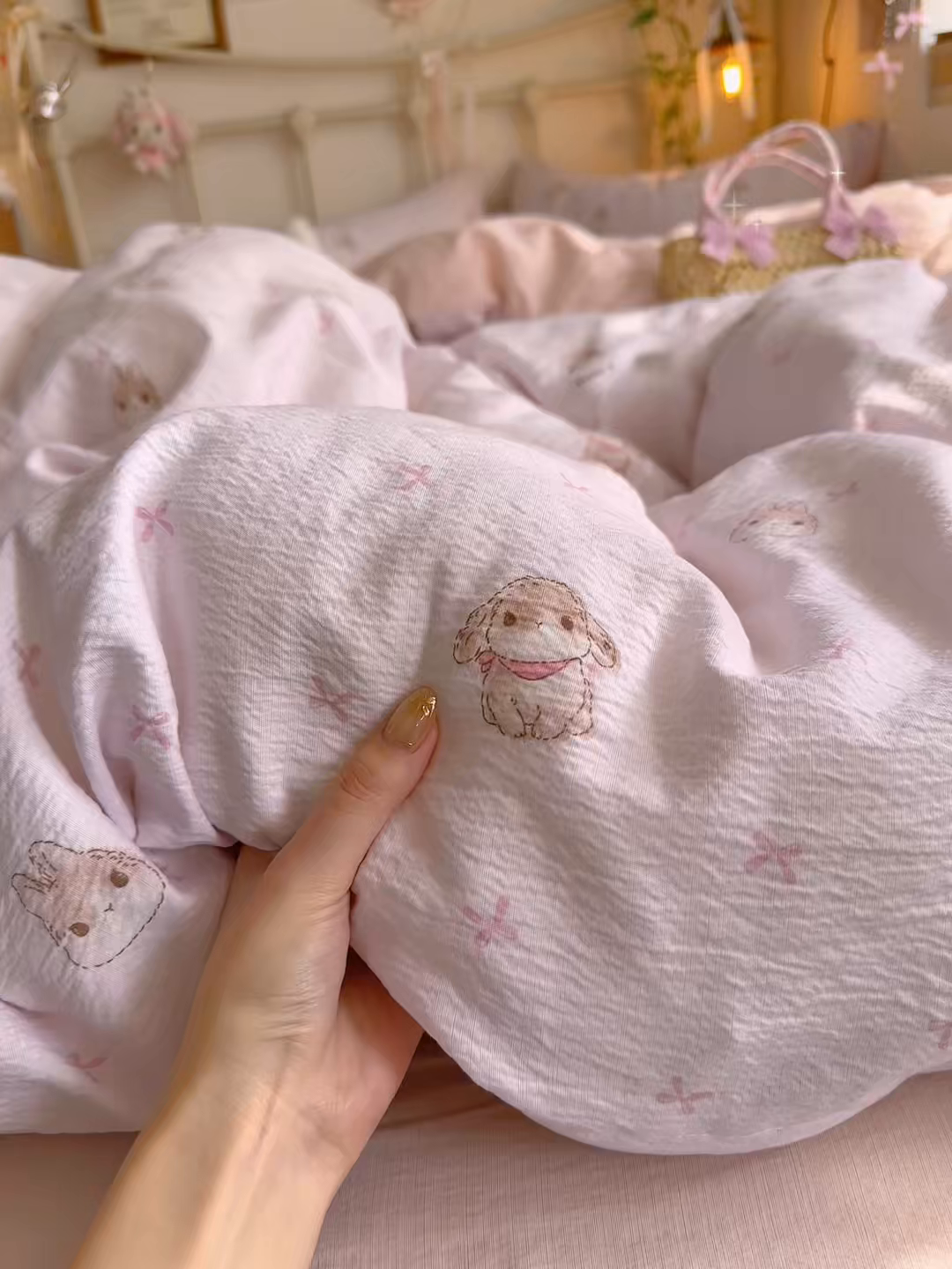 91家纺网 家纺一手货源 找家纺 优选 2026新款小清新直播热卖款云感双层纱木棉床盖四件套系列 萌萌免