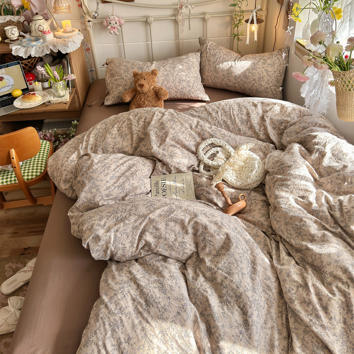 91家纺网 家纺一手货源 找家纺 优选 2026新款小清新直播热卖款云感双层纱木棉床盖四件套系列 清墨