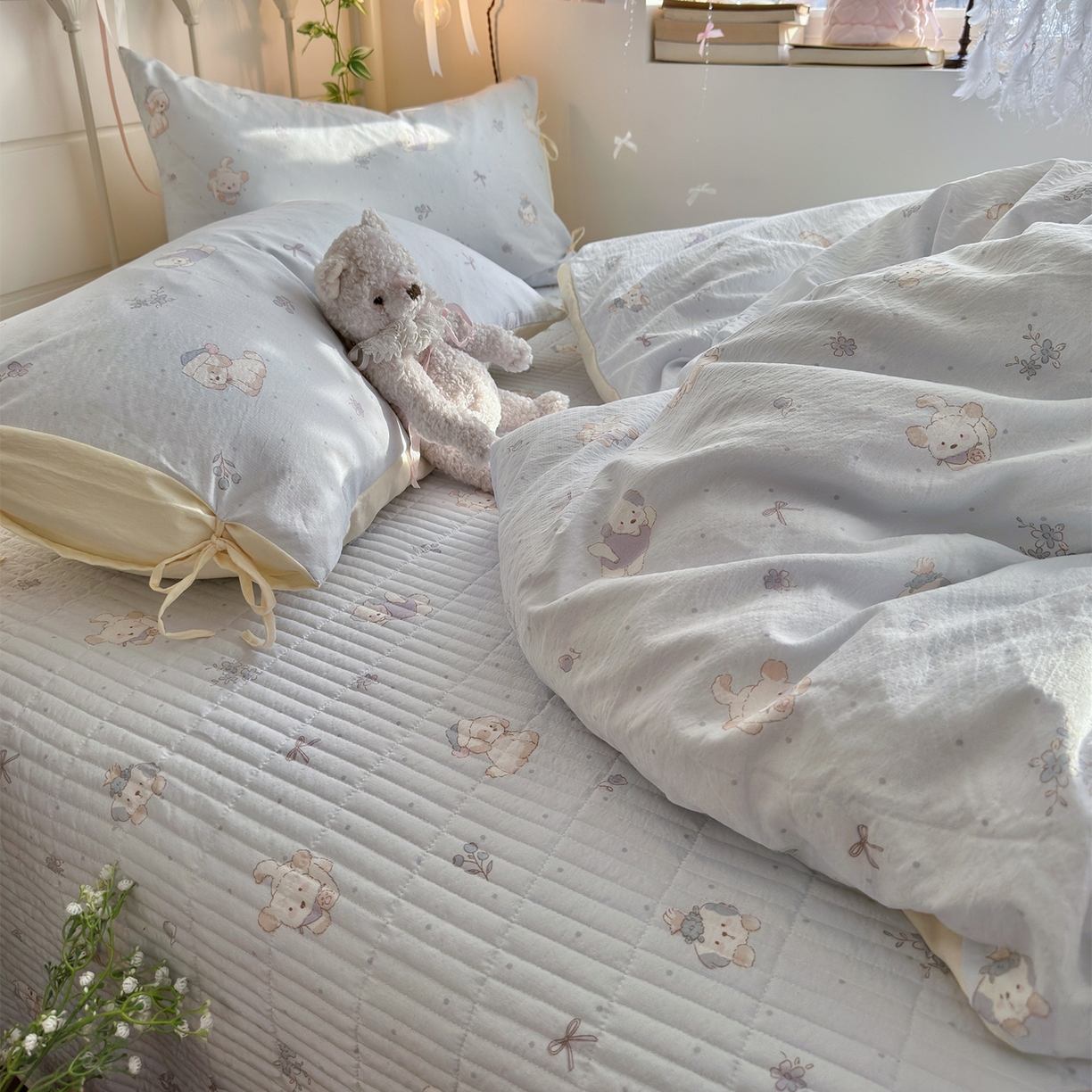 91家纺网 家纺一手货源 找家纺 优选 2026新款小清新直播热卖款云感双层纱木棉床盖四件套系列 幸运狗狗