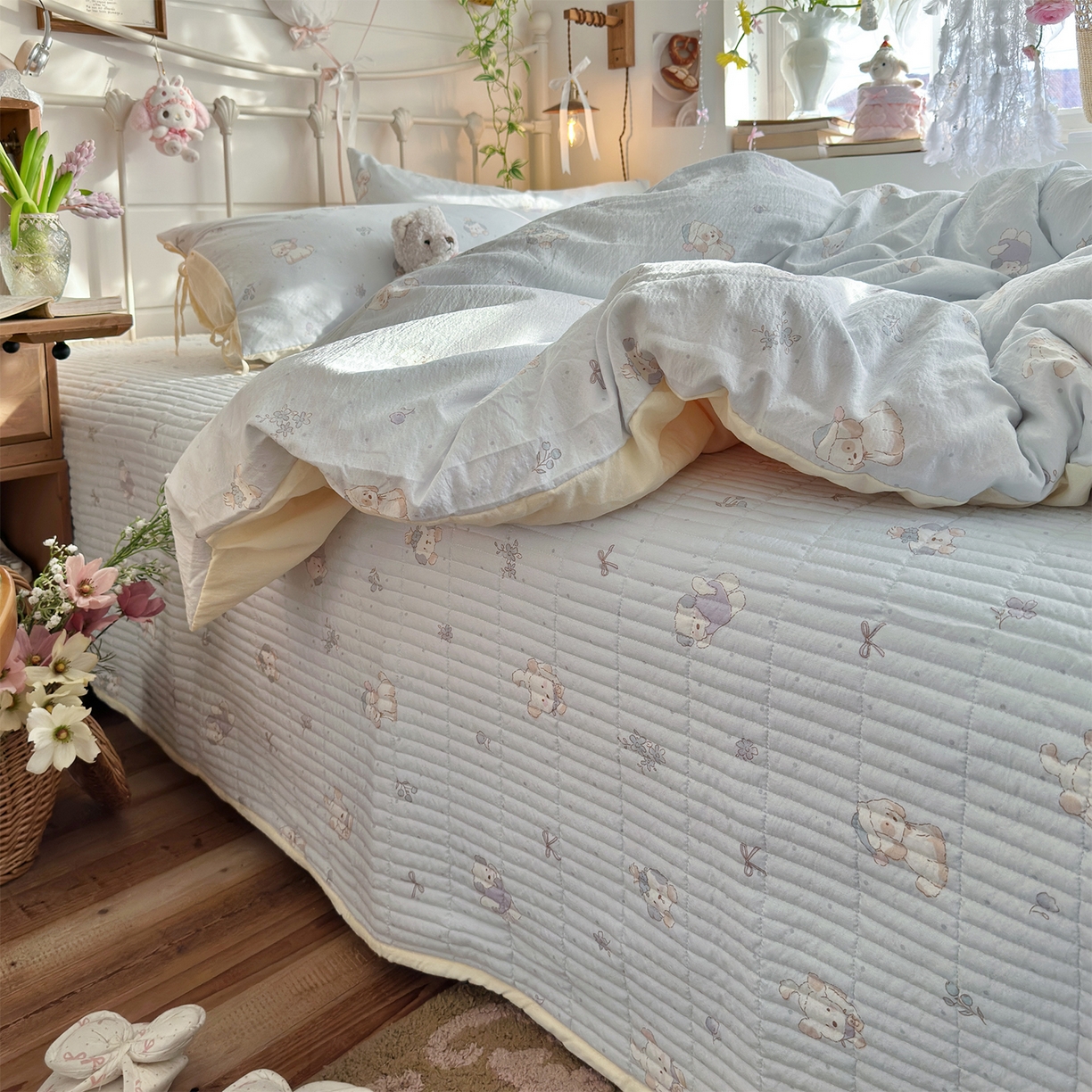 91家纺网 家纺一手货源 找家纺 优选 2026新款小清新直播热卖款云感双层纱木棉床盖四件套系列 幸运狗狗