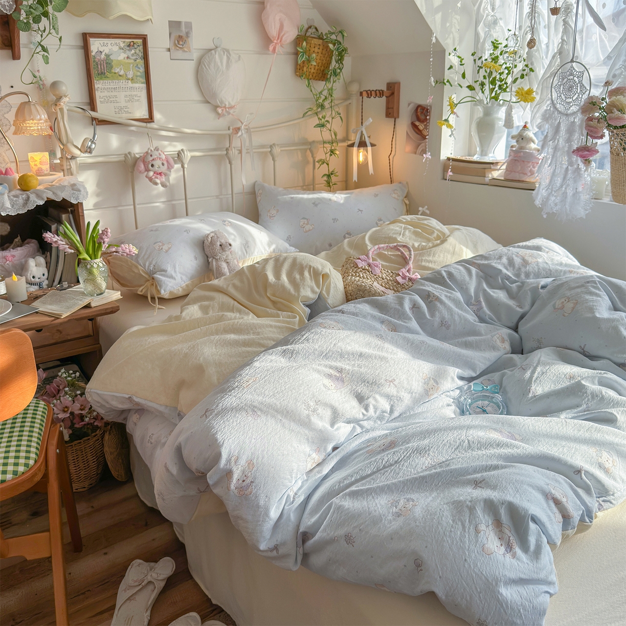 91家纺网 家纺一手货源 找家纺 优选 2026新款小清新直播热卖款云感双层纱木棉床盖四件套系列 幸运狗狗