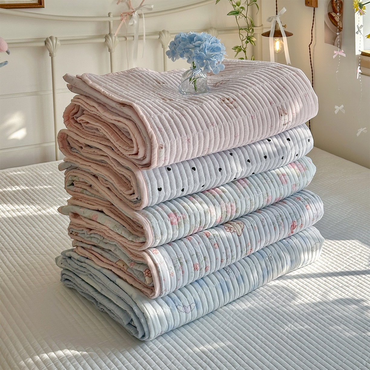 91家纺网 家纺一手货源 找家纺 优选 2026新款小清新直播热卖款云感双层纱木棉床盖四件套系列 组合图仅供展示不可下单