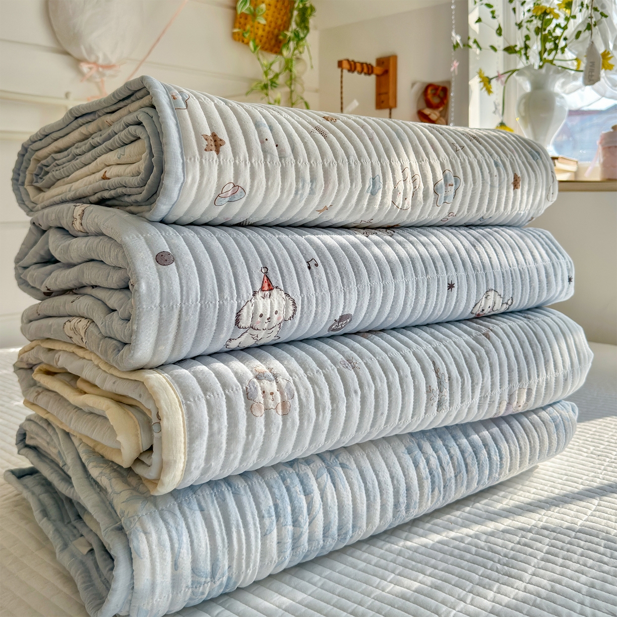 91家纺网 家纺一手货源 找家纺 优选 2026新款小清新直播热卖款云感双层纱木棉床盖四件套系列 组合图仅供展示不可下单