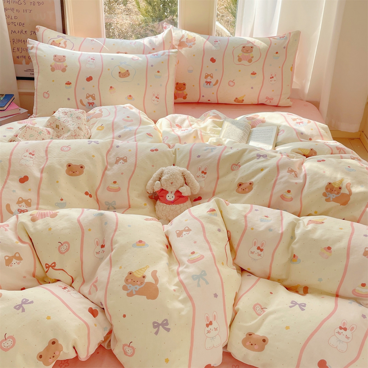 盛秋家纺 2026新款水洗棉印花四件套-卡通系列 甜茶日记+花朵粉