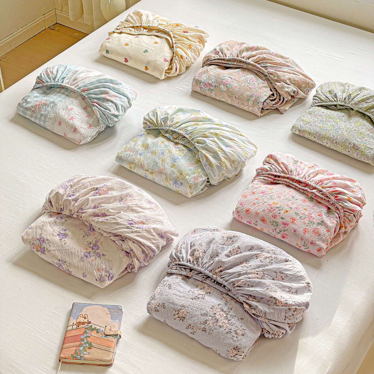 91家纺网 家纺一手货源 找家纺 （总）优选 2026新款ins小清新木棉双层纱印花床笠床垫保护罩枕套三件套