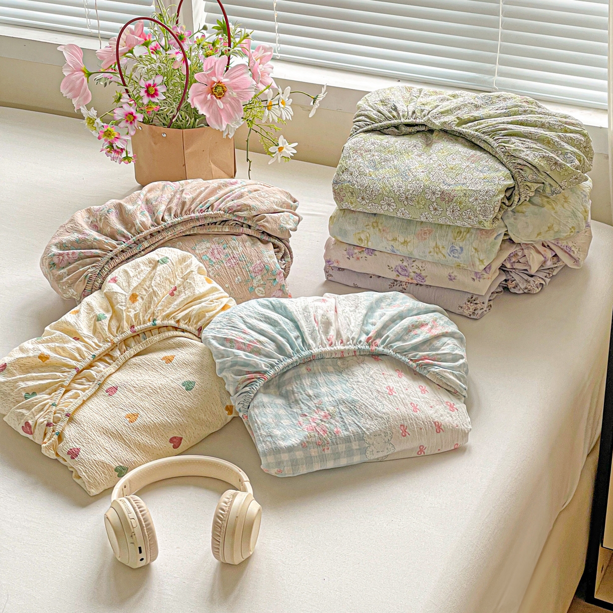 91家纺网 家纺一手货源 找家纺 （总）优选 2026新款ins小清新木棉双层纱印花床笠床垫保护罩枕套三件套