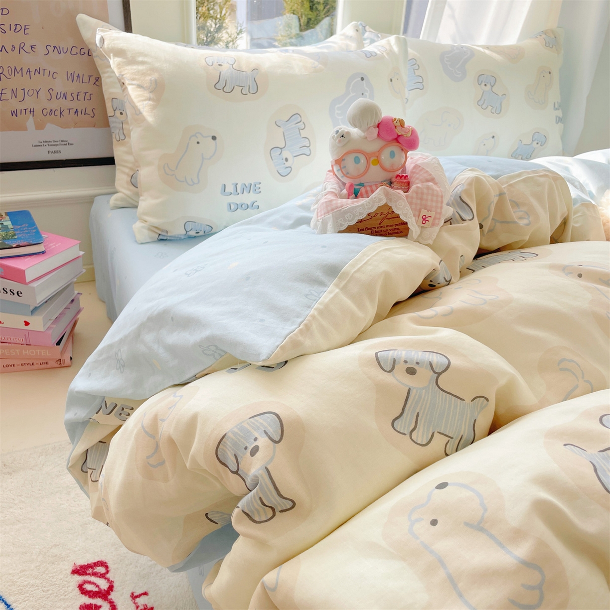 91家纺网 家纺一手货源 找家纺 盛秋家纺 2026新款水洗棉印花四件套-卡通系列 修勾蓝+花朵蓝