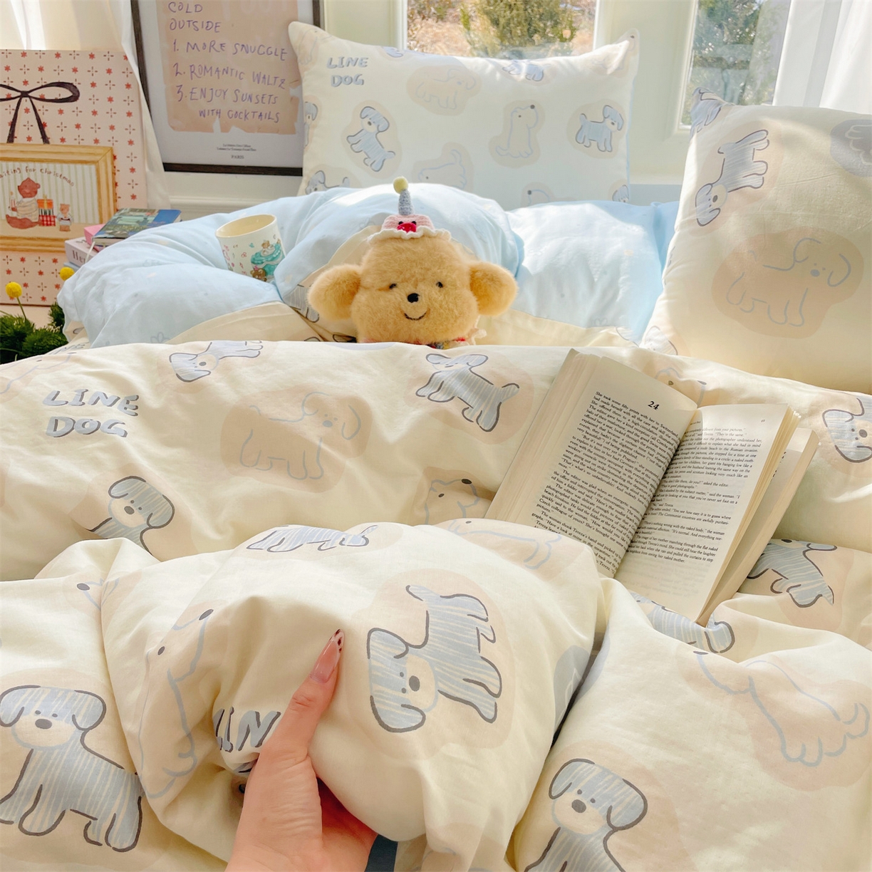 91家纺网 家纺一手货源 找家纺 盛秋家纺 2026新款水洗棉印花四件套-卡通系列 修勾蓝+花朵蓝