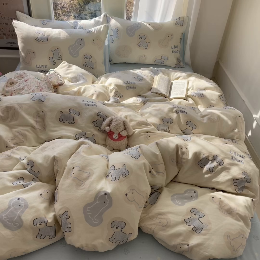 91家纺网 家纺一手货源 找家纺 盛秋家纺 2026新款水洗棉印花四件套-卡通系列 修勾蓝+花朵蓝