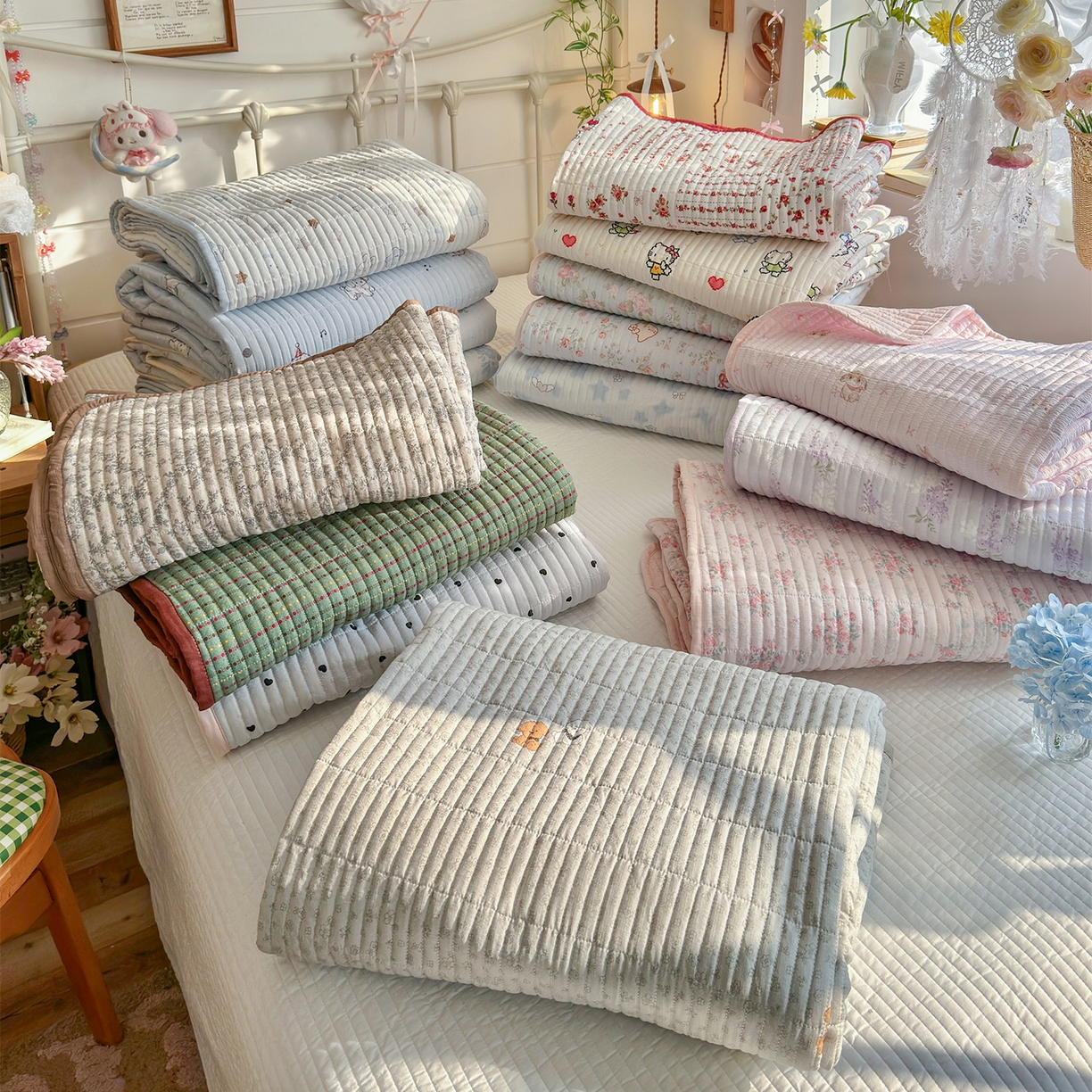 91家纺网 家纺一手货源 找家纺 （总）优选良品 2026新款小清新直播热卖款云感双层纱木棉床盖四件套系列