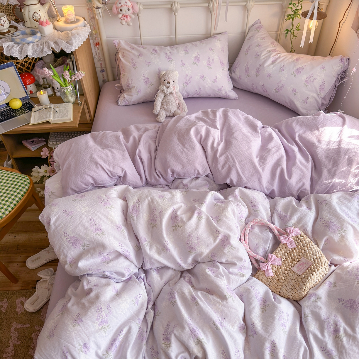 91家纺网 家纺一手货源 找家纺 优选良品 2026新款小清新直播热卖款云感双层纱木棉床盖四件套系列 卡布紫