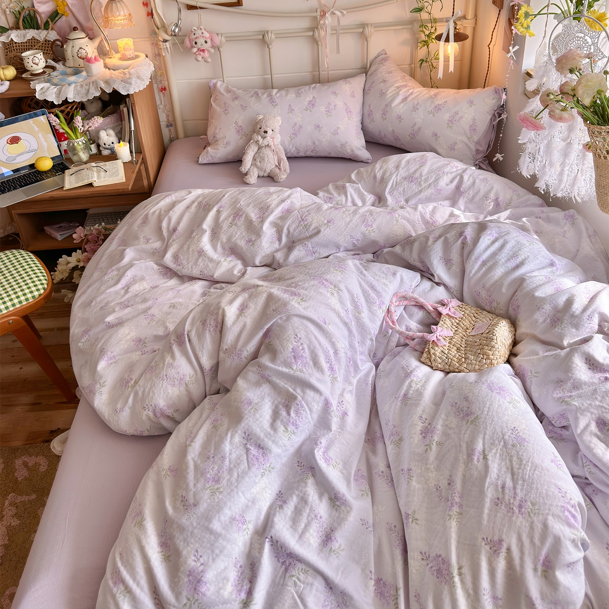 91家纺网 家纺一手货源 找家纺 优选良品 2026新款小清新直播热卖款云感双层纱木棉床盖四件套系列 卡布紫