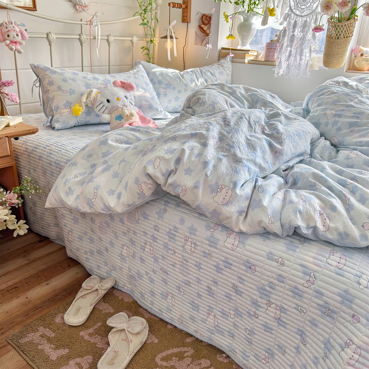 优选良品 2026新款小清新直播热卖款云感双层纱木棉床盖四件套系列 爱心喵