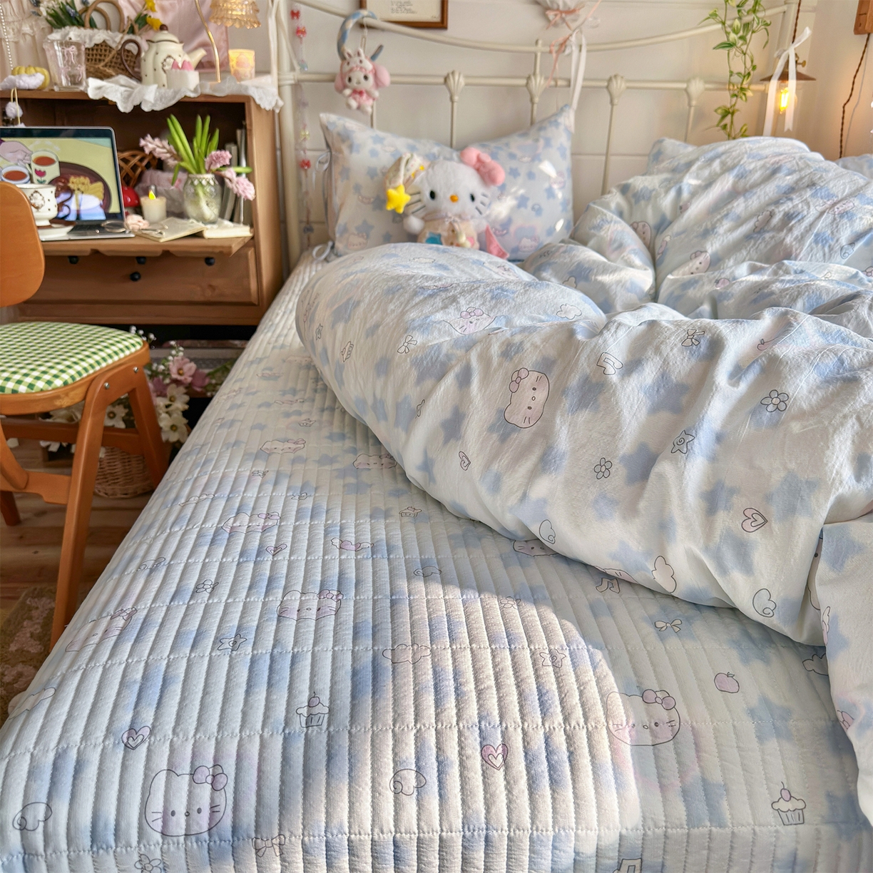 91家纺网 家纺一手货源 找家纺 优选良品 2026新款小清新直播热卖款云感双层纱木棉床盖四件套系列 爱心喵