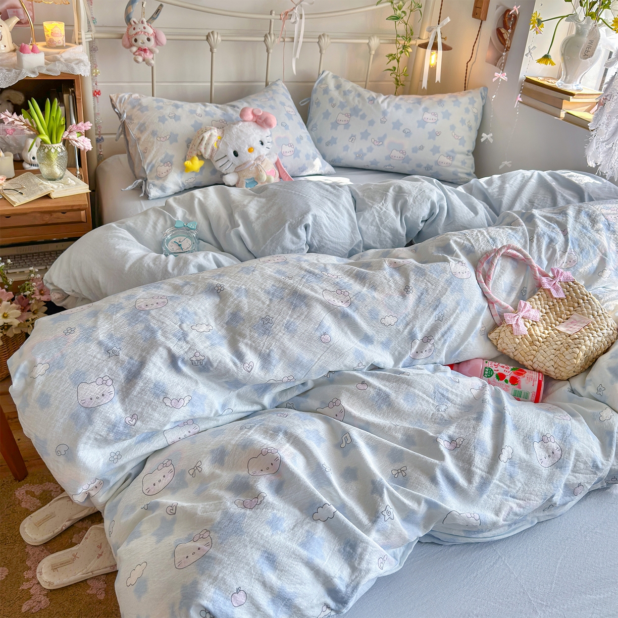 91家纺网 家纺一手货源 找家纺 优选良品 2026新款小清新直播热卖款云感双层纱木棉床盖四件套系列 爱心喵