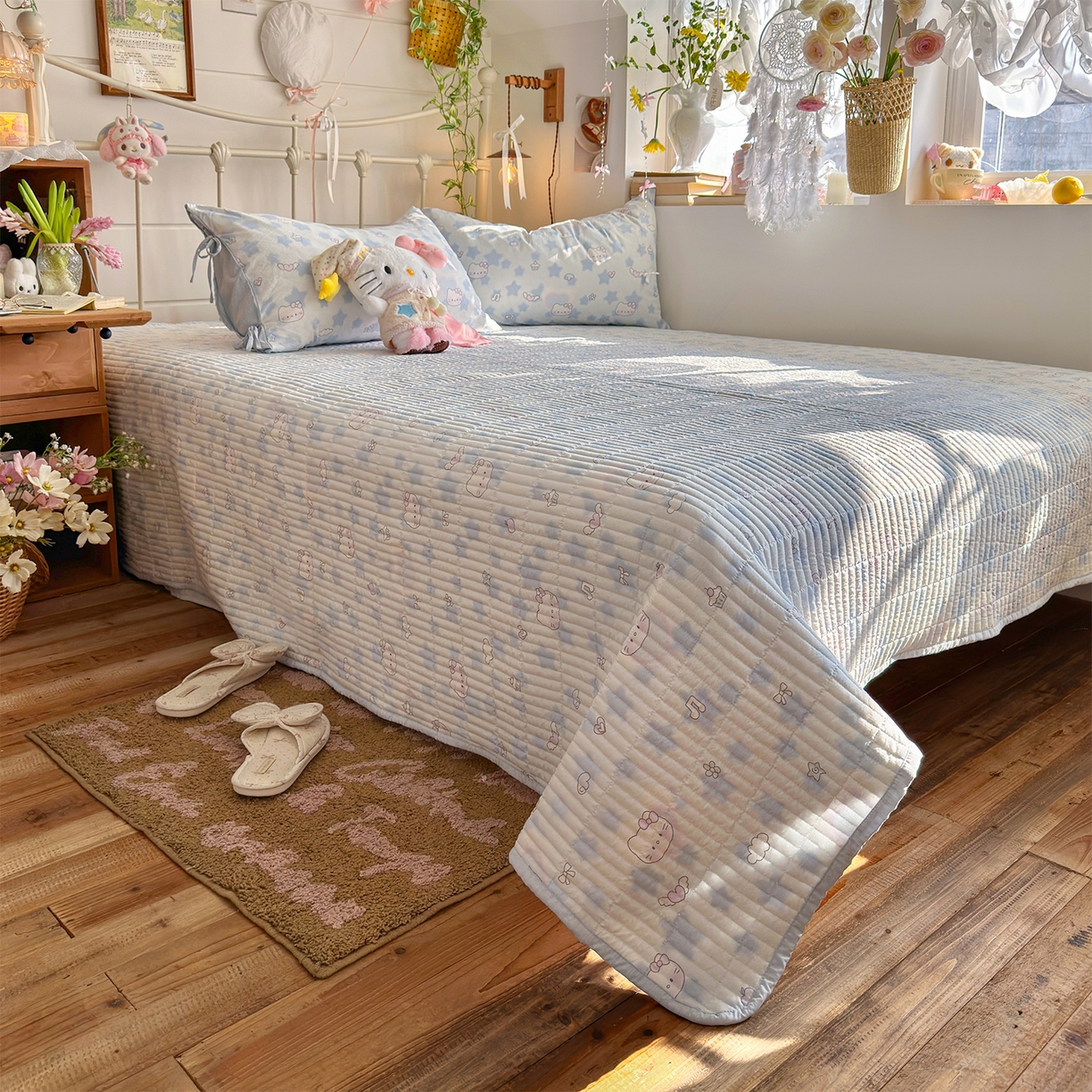 91家纺网 家纺一手货源 找家纺 优选良品 2026新款小清新直播热卖款云感双层纱木棉床盖四件套系列 爱心喵