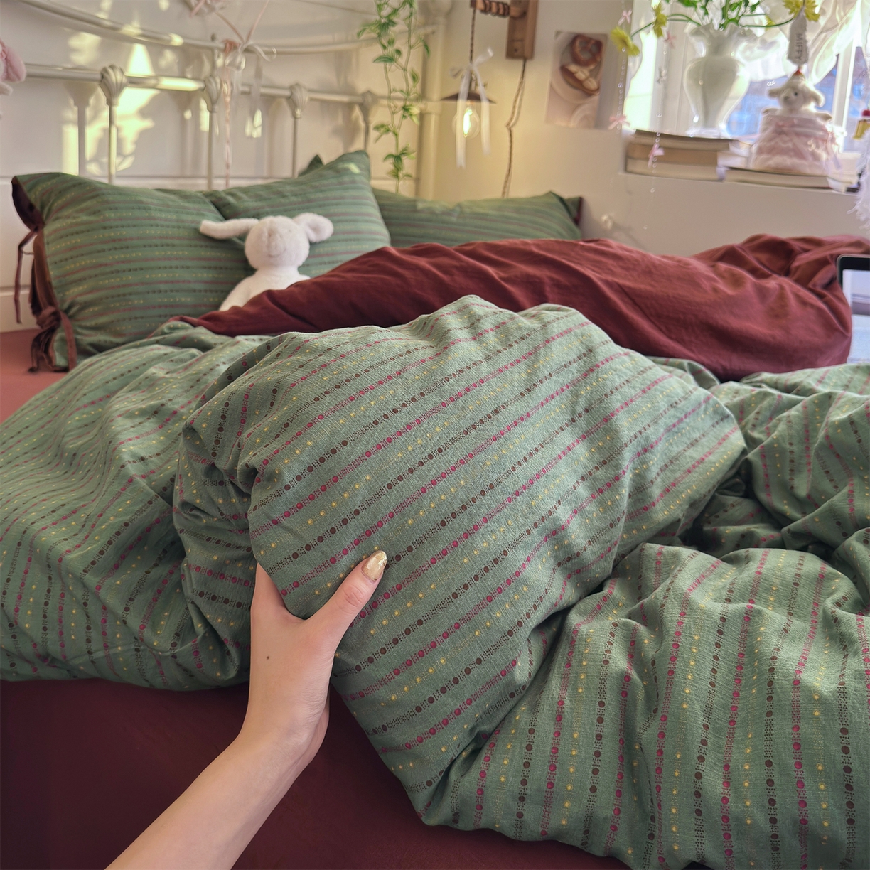 91家纺网 家纺一手货源 找家纺 优选良品 2026新款小清新直播热卖款云感双层纱木棉床盖四件套系列 费尔岛