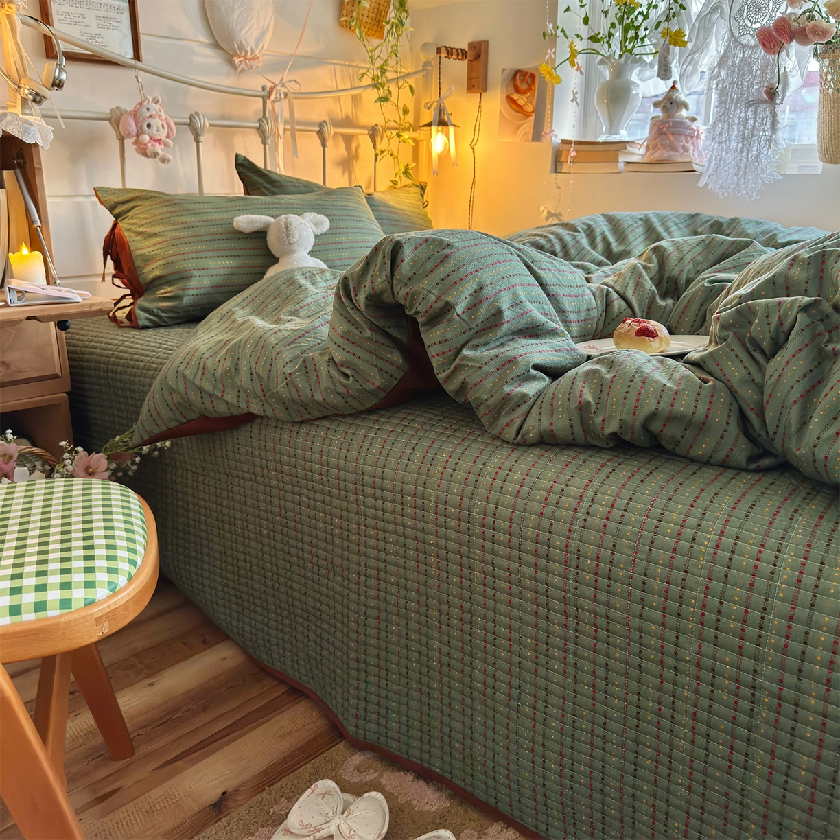 91家纺网 家纺一手货源 找家纺 优选良品 2026新款小清新直播热卖款云感双层纱木棉床盖四件套系列 费尔岛