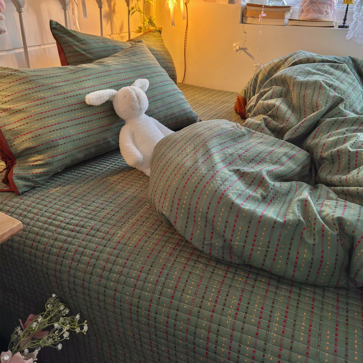 91家纺网 家纺一手货源 找家纺 优选良品 2026新款小清新直播热卖款云感双层纱木棉床盖四件套系列 费尔岛