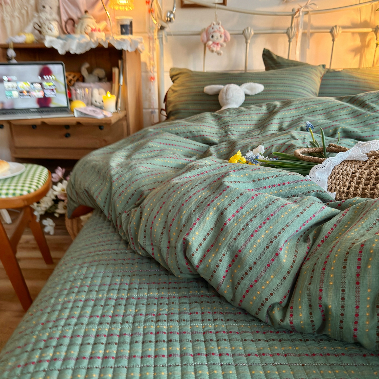 91家纺网 家纺一手货源 找家纺 优选良品 2026新款小清新直播热卖款云感双层纱木棉床盖四件套系列 费尔岛