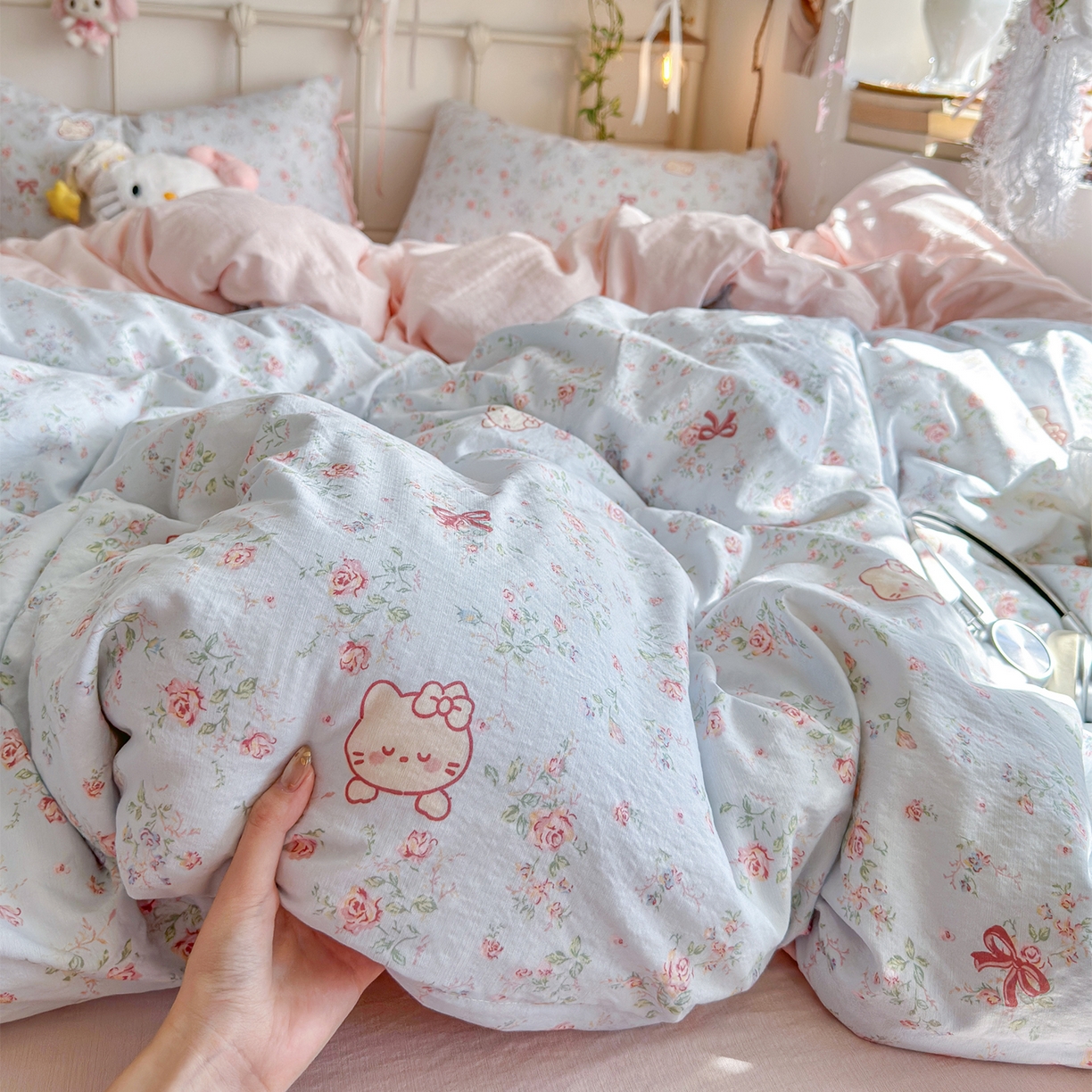 91家纺网 家纺一手货源 找家纺 优选良品 2026新款小清新直播热卖款云感双层纱木棉床盖四件套系列 花甜喵