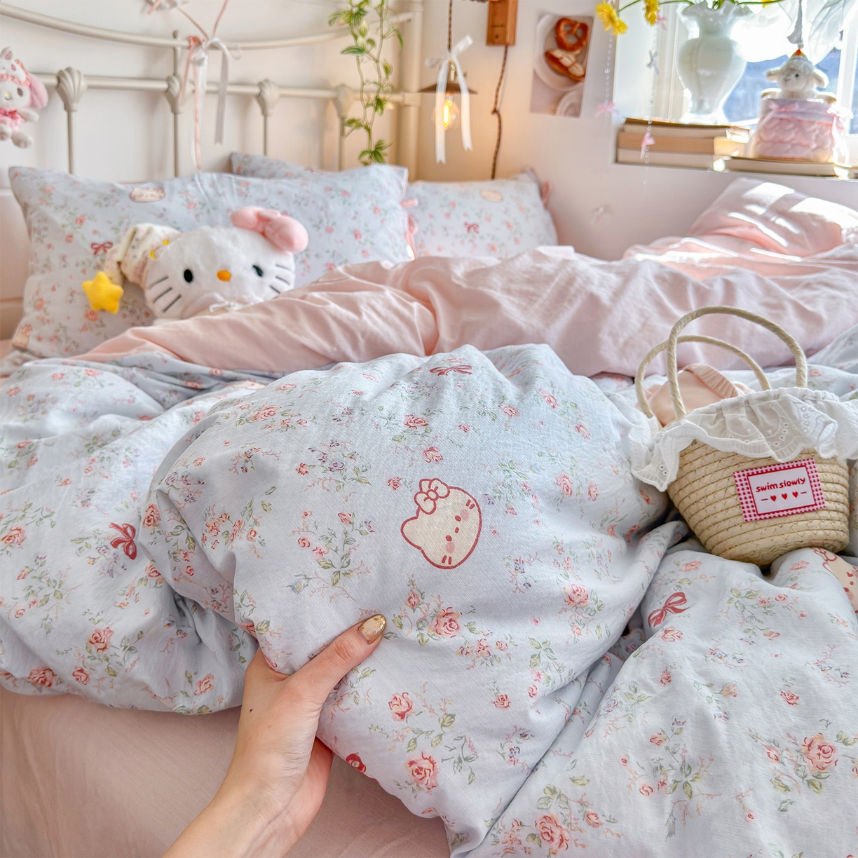 91家纺网 家纺一手货源 找家纺 优选良品 2026新款小清新直播热卖款云感双层纱木棉床盖四件套系列 花甜喵