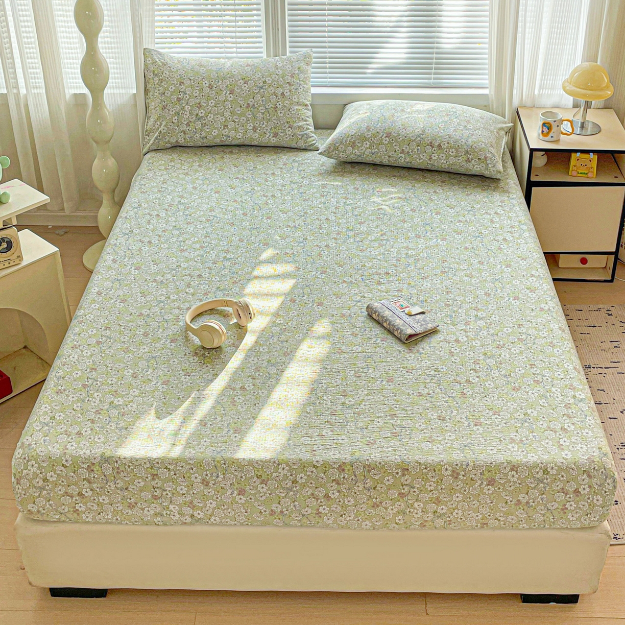 91家纺网 家纺一手货源 找家纺 （总）优选 2026新款ins小清新木棉双层纱印花床笠床垫保护罩枕套三件套