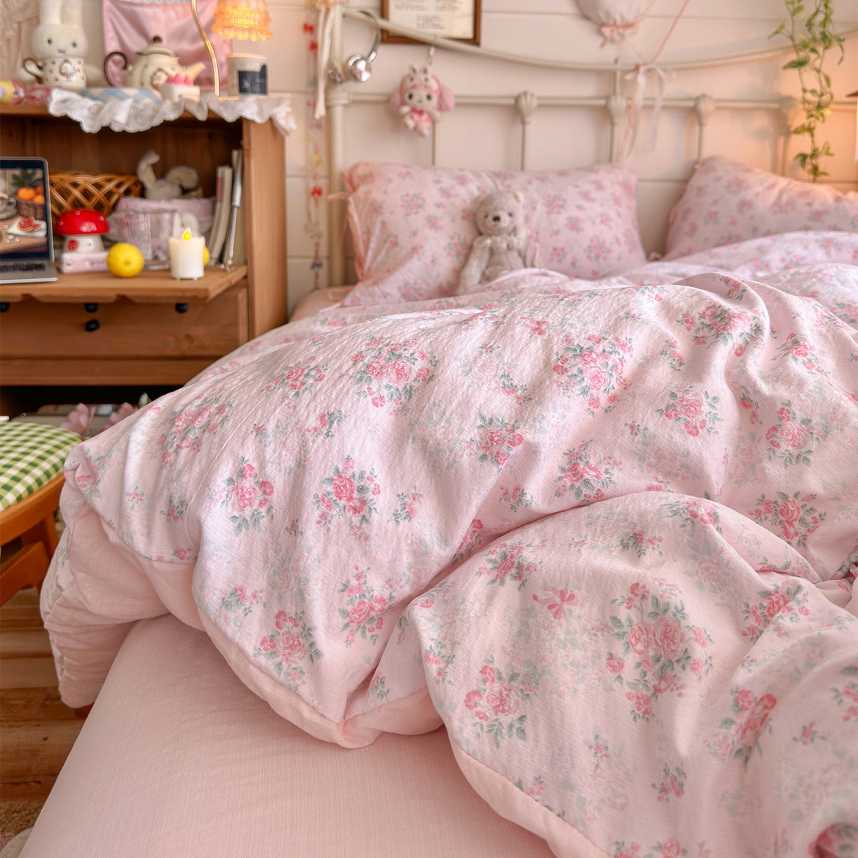 91家纺网 家纺一手货源 找家纺 优选良品 2026新款小清新直播热卖款云感双层纱木棉床盖四件套系列 花漾