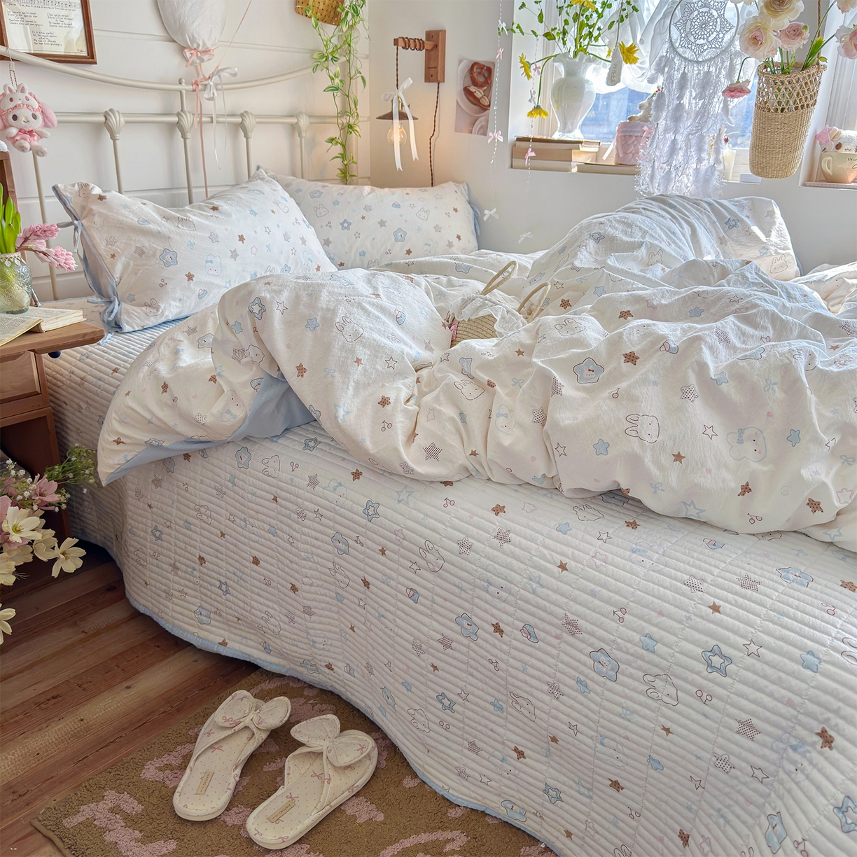 优选良品 2026新款小清新直播热卖款云感双层纱木棉床盖四件套系列 花屿轻梦