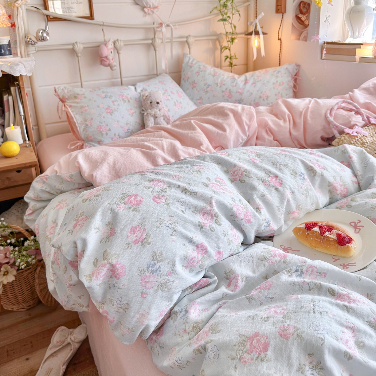 91家纺网 家纺一手货源 找家纺 优选良品 2026新款小清新直播热卖款云感双层纱木棉床盖四件套系列 花韵