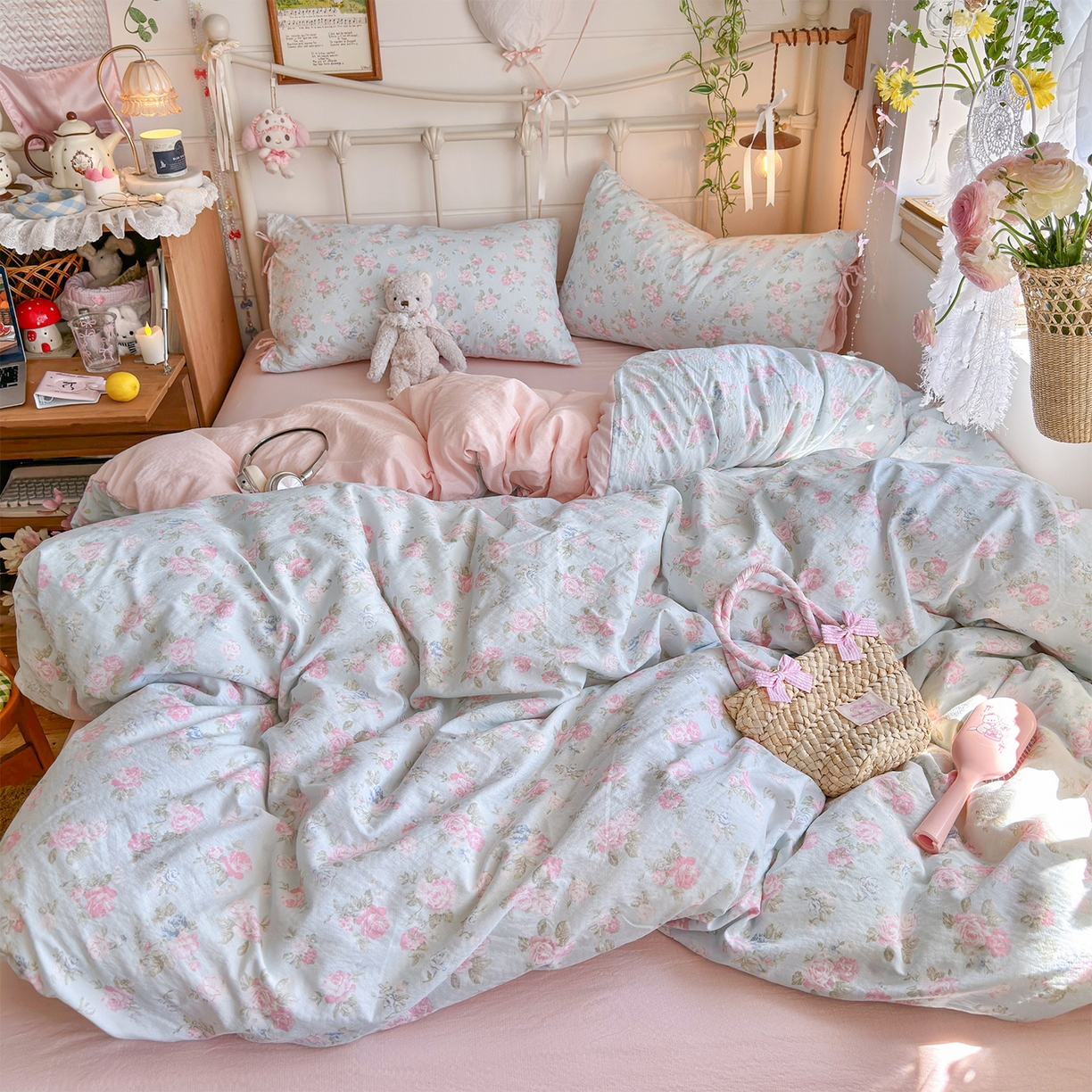 91家纺网 家纺一手货源 找家纺 优选良品 2026新款小清新直播热卖款云感双层纱木棉床盖四件套系列 花韵