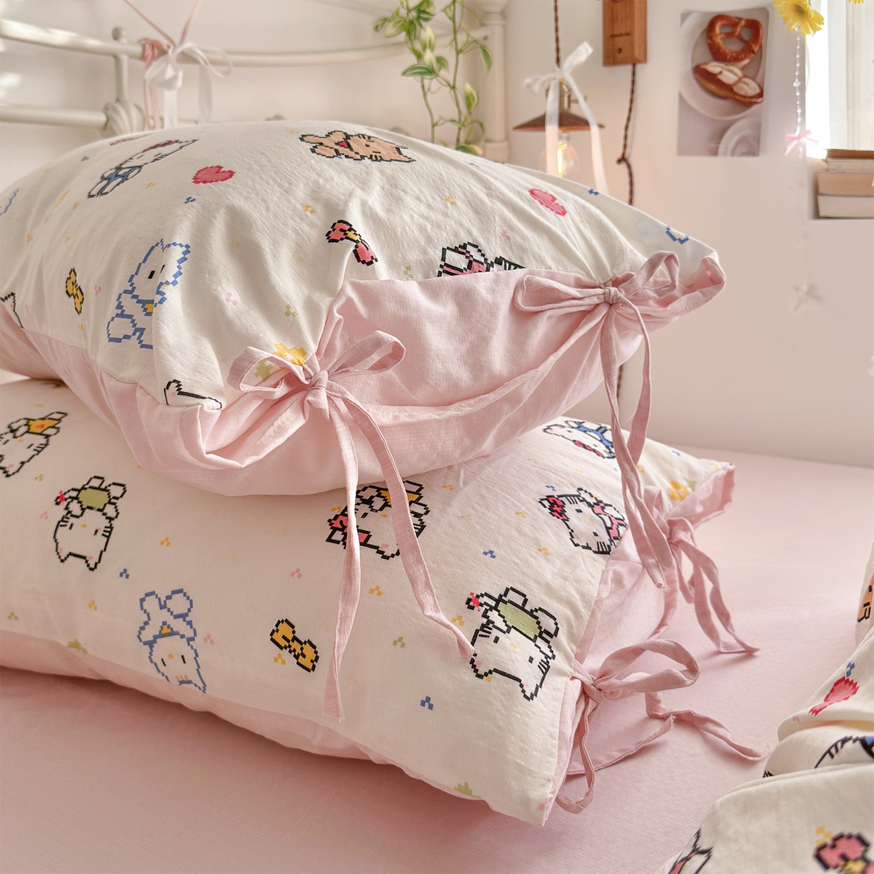 91家纺网 家纺一手货源 找家纺 优选良品 2026新款小清新直播热卖款云感双层纱木棉床盖四件套系列 可爱喵