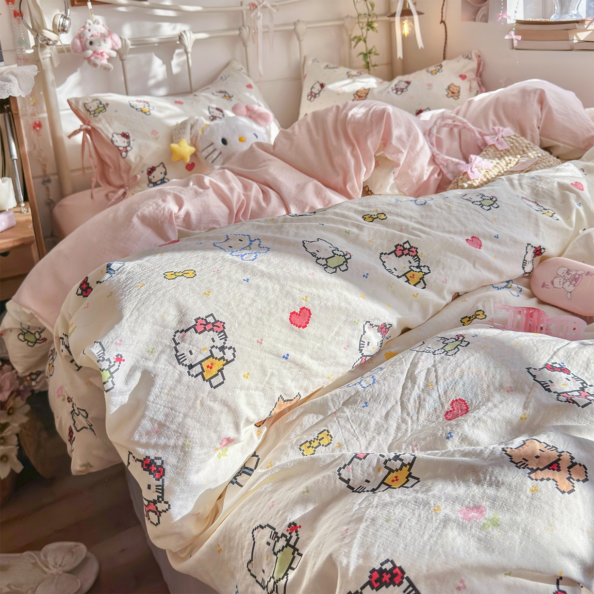 91家纺网 家纺一手货源 找家纺 优选良品 2026新款小清新直播热卖款云感双层纱木棉床盖四件套系列 可爱喵