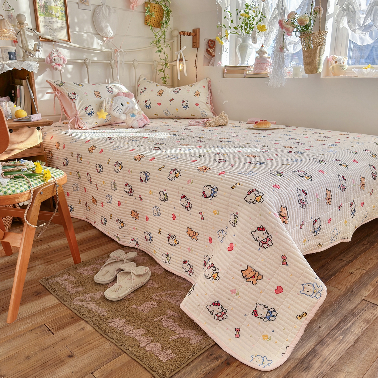 91家纺网 家纺一手货源 找家纺 优选良品 2026新款小清新直播热卖款云感双层纱木棉床盖四件套系列 可爱喵