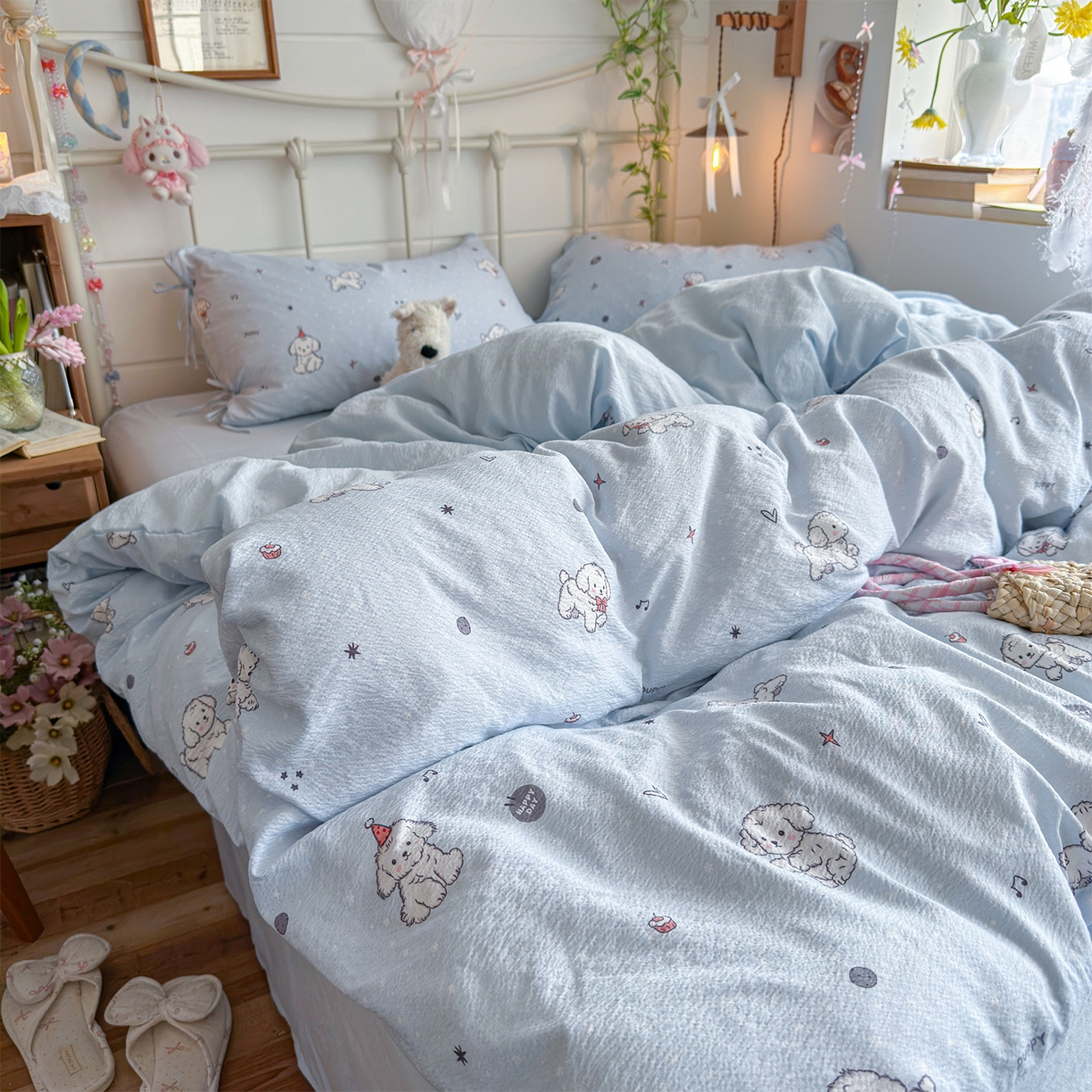 91家纺网 家纺一手货源 找家纺 优选良品 2026新款小清新直播热卖款云感双层纱木棉床盖四件套系列 可爱修狗
