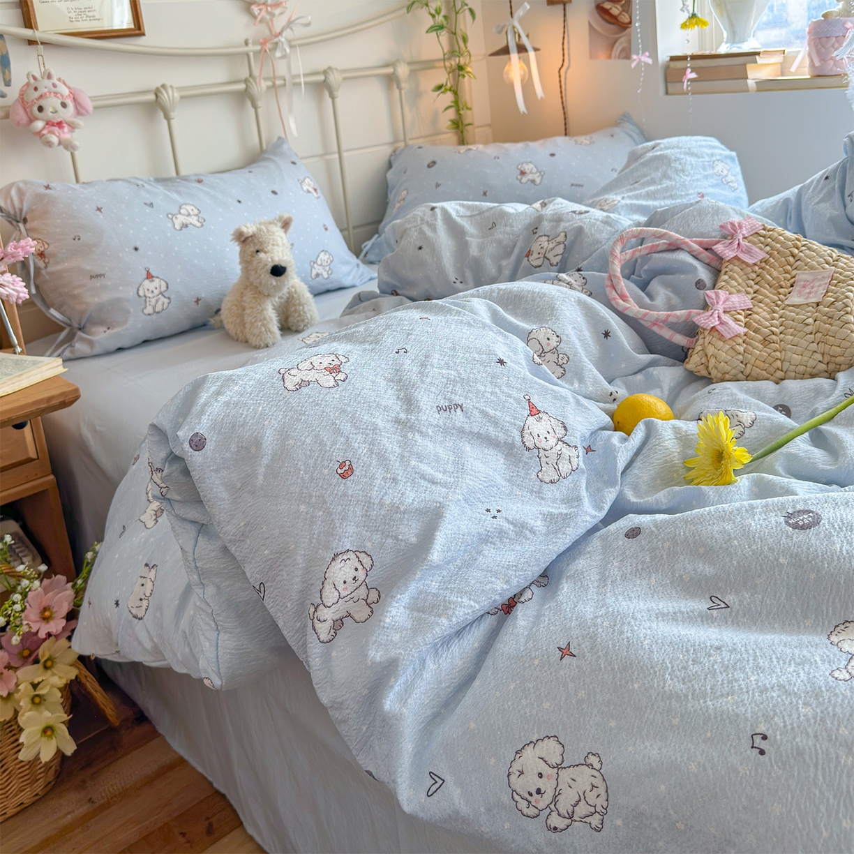 91家纺网 家纺一手货源 找家纺 优选良品 2026新款小清新直播热卖款云感双层纱木棉床盖四件套系列 可爱修狗