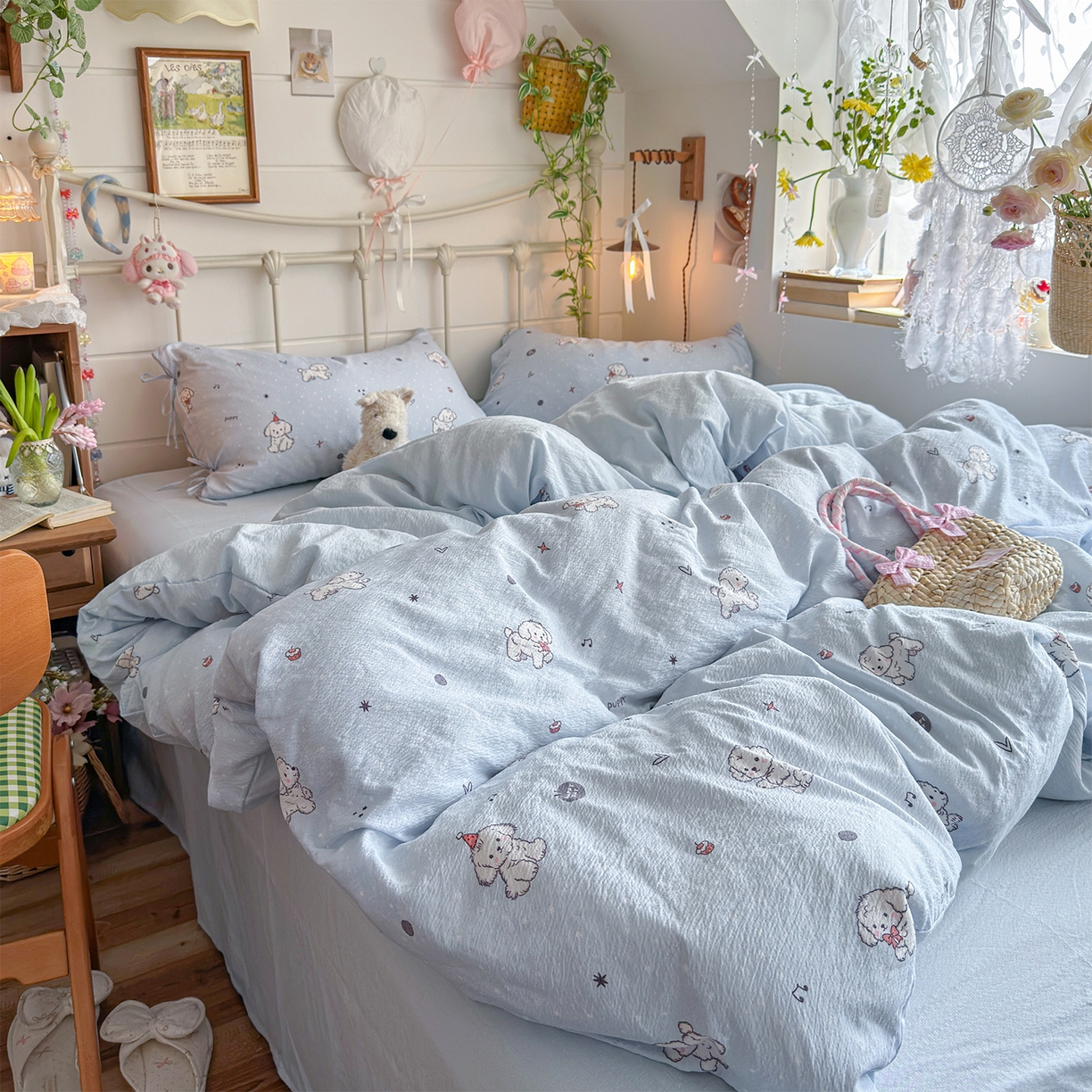 91家纺网 家纺一手货源 找家纺 优选良品 2026新款小清新直播热卖款云感双层纱木棉床盖四件套系列 可爱修狗