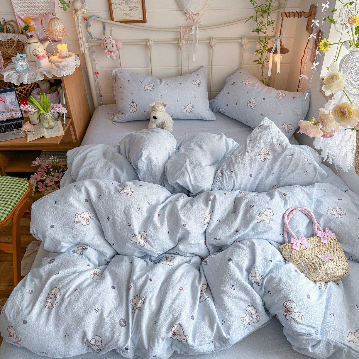 91家纺网 家纺一手货源 找家纺 优选良品 2026新款小清新直播热卖款云感双层纱木棉床盖四件套系列 可爱修狗