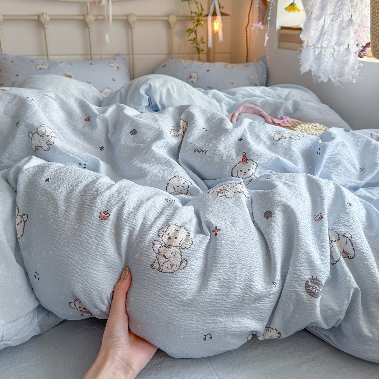 91家纺网 家纺一手货源 找家纺 优选良品 2026新款小清新直播热卖款云感双层纱木棉床盖四件套系列 可爱修狗