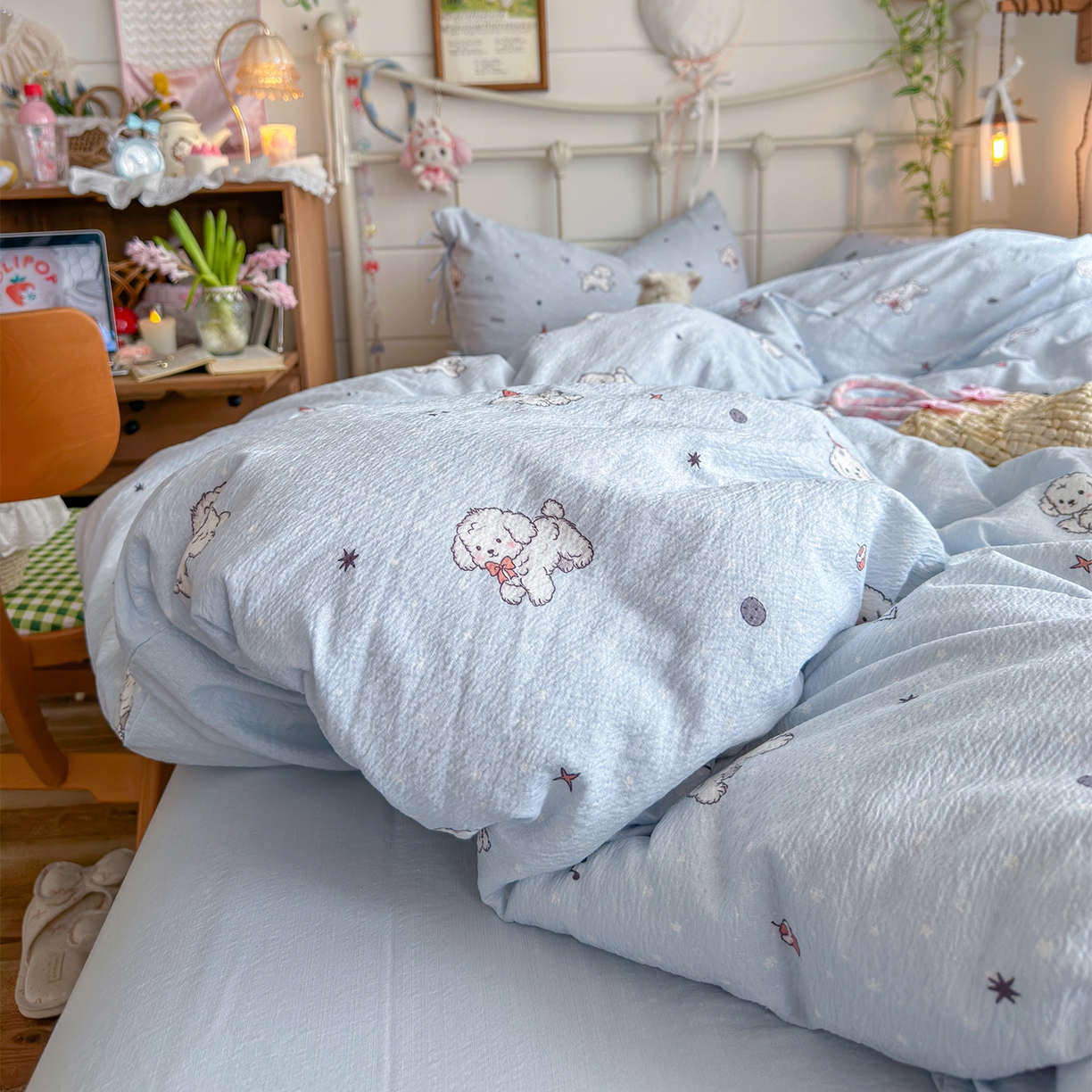 91家纺网 家纺一手货源 找家纺 优选良品 2026新款小清新直播热卖款云感双层纱木棉床盖四件套系列 可爱修狗