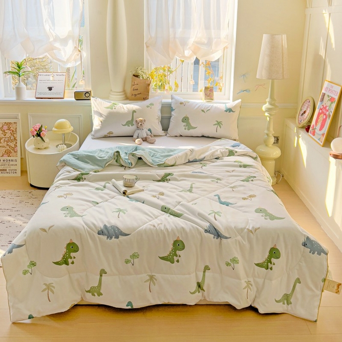 91家纺网 家纺一手货源 找家纺 铺尚美家纺 2026新款A类水洗双层纱大豆夏被子被芯 绿茵恐龙